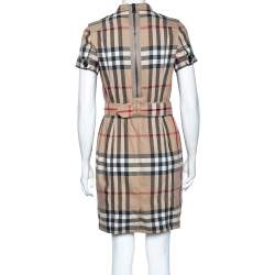 Pre Owned Burberry Brit Beige Checkered Wool Button Front Belted Dress M