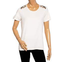 Pre Owned تي شيرت بربري كم قصير تفصيل كتف نمط قطن كريمي مقاس كبير