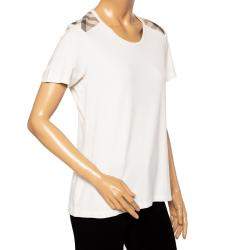 Pre Owned تي شيرت بربري كم قصير تفصيل كتف نمط قطن كريمي مقاس كبير