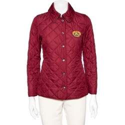 Pre Owned  Burberry Red Quilted Synthetic Crest Embroidered Button Front Jacket S 