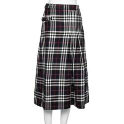 Pre Owned Burberry Navy Blue Checkered Wool Pleated Midi Wrap Skirt S