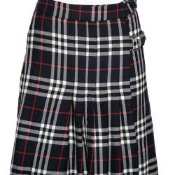 Pre Owned Burberry Navy Blue Checkered Wool Pleated Midi Wrap Skirt S