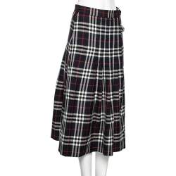 Pre Owned Burberry Navy Blue Checkered Wool Pleated Midi Wrap Skirt S