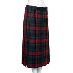Pre Owned Burberry Multicolor Checkered Wool Buckle & Slit Detailed Pleated Skirt M