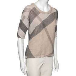 Pre Owned Burberry Brit Beige Housecheck Knit Crew Neck Short Sleeve Top M