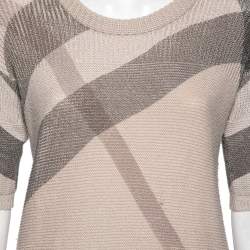 Pre Owned Burberry Brit Beige Housecheck Knit Crew Neck Short Sleeve Top M