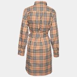 Pre Owned Burberry Beige Checkered Cotton Button Front Belted Shirt Dress XL