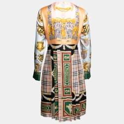 Pre Owned Burberry Multicolor Scarf Print Silk Pleated Long Sleeve Midi Dress M