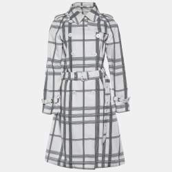Pre Owned Burberry White Check Cotton Double Breasted Trench Coat M