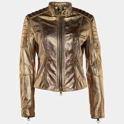 Pre Owned جاكيت بربري جلد ميتالك ذهبي بسحاب أمامي مقاس وسط ( ميديوم )