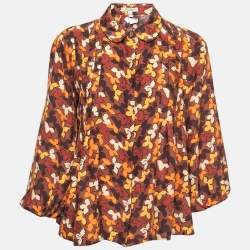 Burberry Brown Leaves Print Silk Button Front Blouse M