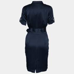 Pre Owned Burberry Navy Blue Silk Satin Belted Midi Dress S