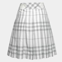 Pre Owned Burberry White & Grey Checked Cotton Pleated Mini Skirt M
