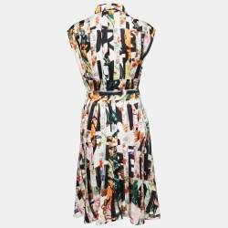 Pre Owned Burberry Multicolor Printed Silk Belted Midi Dress M