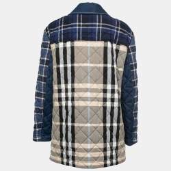 Pre Owned Burberry Blue Paneled Check Print Cotton Quilted Jacket M