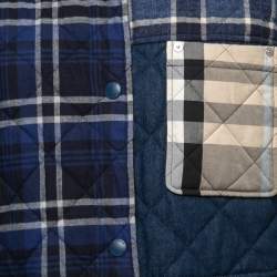 Pre Owned Burberry Blue Paneled Check Print Cotton Quilted Jacket M