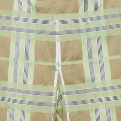 Pre Owned Burberry Green & Beige Checkered Cotton & Silk Pleated Skirt M