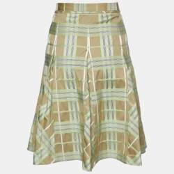 Pre Owned Burberry Green & Beige Checkered Cotton & Silk Pleated Skirt M