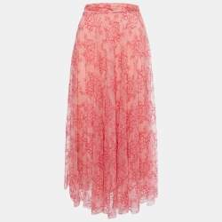 Pre Owned Burberry Pink Floral Lace A-Line Midi Skirt L