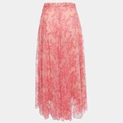 Pre Owned Burberry Pink Floral Lace A-Line Midi Skirt L