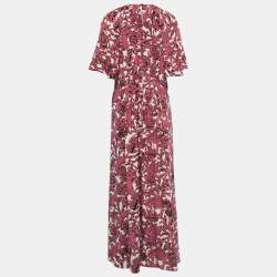 Pre Owned Burberry Pink Printed Silk V-Neck Long Dress M