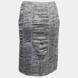 Pre Owned Burberry Grey Silk Ruched Knee Length Skirt S