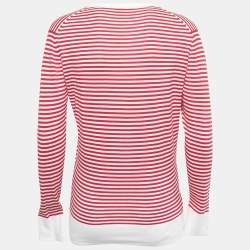 Pre Owned Burberry Red & White Striped Cotton Knit V-Neck Jumper M