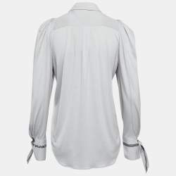 Pre Owned Burberry Grey Wool & Silk Jersey Striped Detail Button Front T-Shirt XS