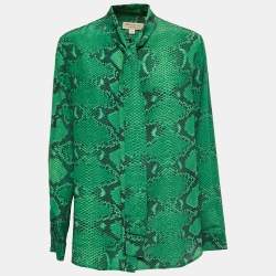 Pre Owned Burberry Green Snake Print Silk Neck Tie Detail Button Front Blouse L