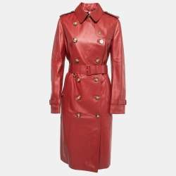 Pre Owned Burberry Red Leather Double Breasted Haddington Trench Coat S