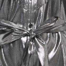 Pre Owned فستان بربري حرير ولوريكس رصاصي ميتاليك بأزرار أمامية بحزام مقاس كبير - لارج