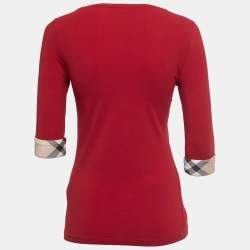 Burberry Brit Red Cotton Check Detail Crew Neck Long Sleeve T-Shirt XS