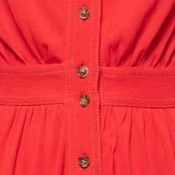 Pre Owned Burberry Red Jersey Button Front Neck Tie Detail Long Sleeve Midi Dress XS