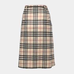 Pre Owned Burberry Vintage Beige Nova Check Wool Knee-Length Skirt XL