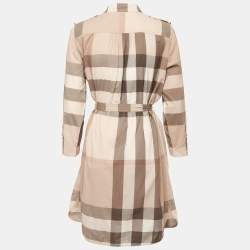 Pre Owned Burberry Pale Grey Checked Cotton Belted Shirt Dress M
