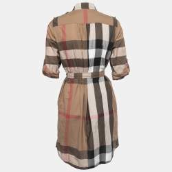 مملوكة مسبقًا Burberry Beige Check Printed Cotton Belted Kelsy Chemisier Dress S