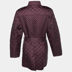 Pre Owned Burberry Burgundy Quilted Belted Long Jacket L