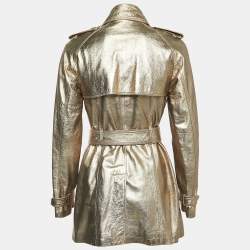 Pre Owned Burberry Gold Leather Double Breasted Coat S