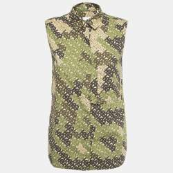Pre Owned Burberry Green Logo Print Cotton Button Front Sleeveless Shirt S