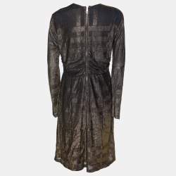 Pre Owned Burberry Gold Metallic Knit Ruched Long Sleeve Dress L