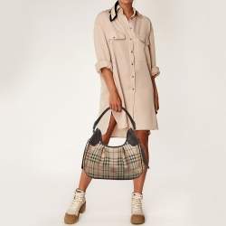 Pre Owned Burberry Brown/Beige Haymarket Coated Canvas and Leather Small Brooklyn Hobo