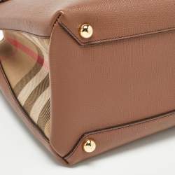 Pre Owned Burberry Brown/Beige Leather and House Check Fabric Medium Banner Tote