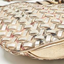 Burberry Gold/Beige Haymarket Check PVC and Leather Woven Brooke Hobo