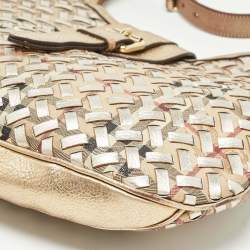 Burberry Gold/Beige Haymarket Check PVC and Leather Woven Brooke Hobo