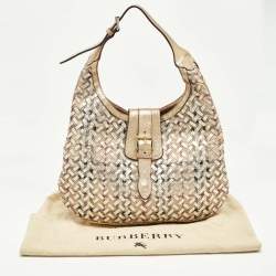 Burberry Gold/Beige Haymarket Check PVC and Leather Woven Brooke Hobo