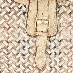 Burberry Gold/Beige Haymarket Check PVC and Leather Woven Brooke Hobo