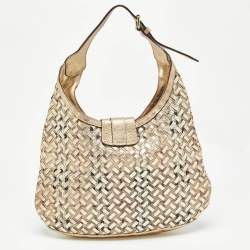 Burberry Gold/Beige Haymarket Check PVC and Leather Woven Brooke Hobo