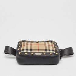 Pre Owned Burberry Black/Beige Nova Check Fabric and Leather Studded Elise Belt Bag