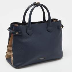 Burberry Blue/Beige Leather and House Check Canvas Medium Banner Tote