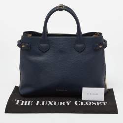 Burberry Blue/Beige Leather and House Check Canvas Medium Banner Tote